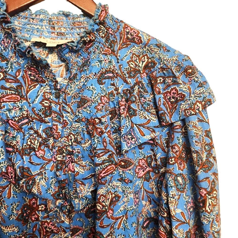 LOFT Bouquet Ruffle Shirt Blue Paisley Size XL - Picture 3 of 6